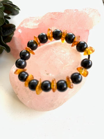 SHUNGITE BRACELET WITH NATURAL AMBER STONES AND 6MM BEADS, ELASTICIZED, FOR EMF PROTECTION