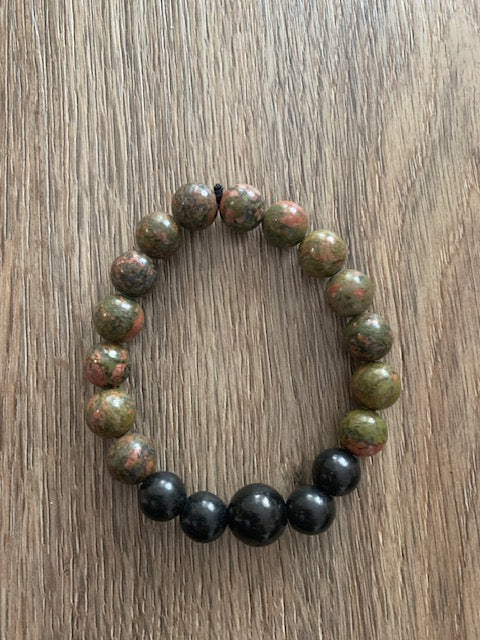 SHUNGITE BRACELET WITH 12MM  & 10MM BEADS & UNAKITE, ELASTICIZED, FOR EMF PROTECTION