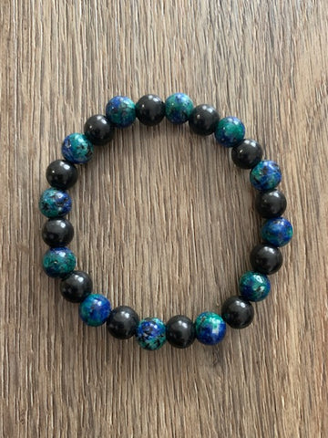 SHUNGITE BRACELET WITH AZURITE & MALACHITE & ELASTICIZED, FOR EMF PROTECTION