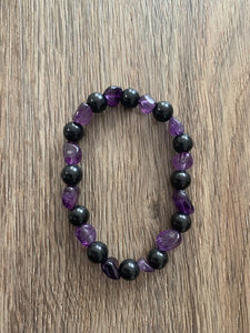 SHUNGITE BRACELET WITH NATURAL AMETHYST BEADS & ELASTICIZED, FOR EMF PROTECTION