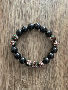 SHUNGITE BRACELET WITH ENAMELED BEADS & ELASTICIZED, FOR EMF PROTECTION