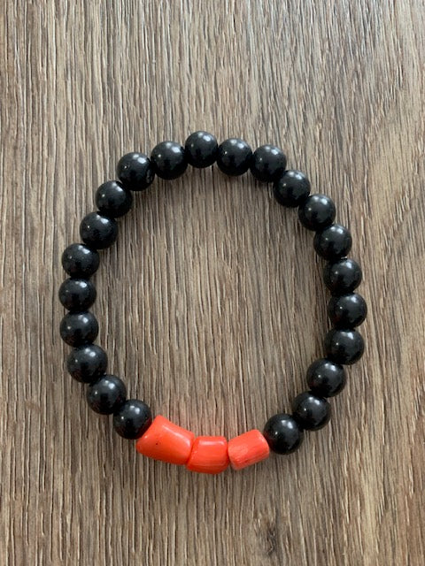 SHUNGITE BRACELET WITH RED CORAL BEADS & ELASTICIZED, FOR EMF PROTECTION