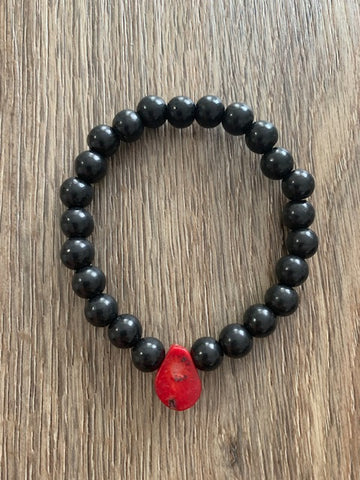 SHUNGITE BRACELET WITH RED CORAL BEAD & ELASTICIZED, FOR EMF PROTECTION