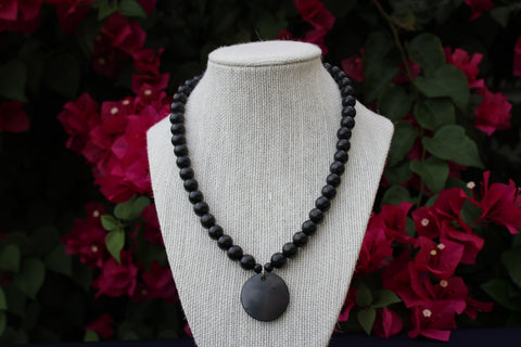 SHUNGITE POLISHED BEAD NECKLACE WITH 10MM BEADS & 30MM PENDANT