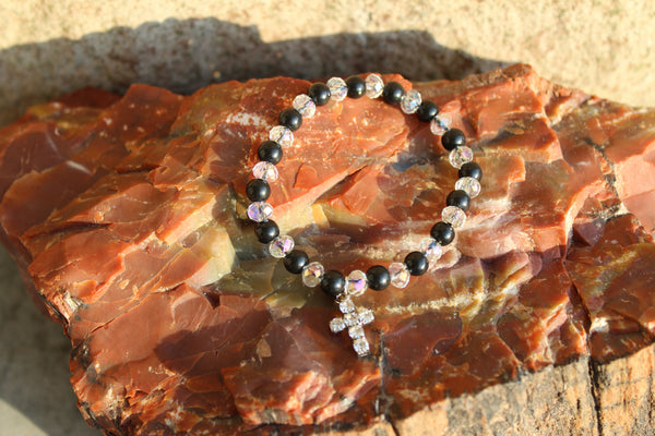 BRACELET WITH 6MM  SHUNGITE BEADS & CRYSTAL BEADS WITH CROSS DANGLE