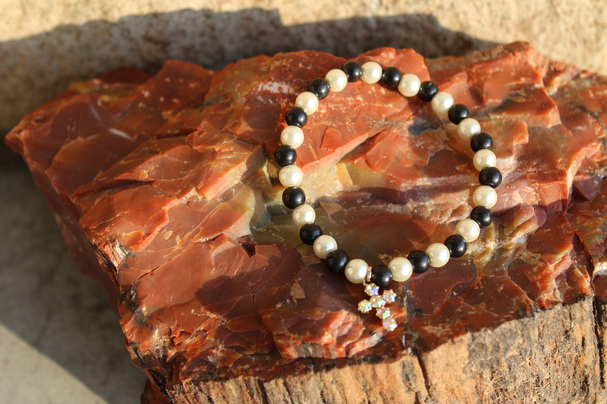 BRACELET WITH 6MM  SHUNGITE BEADS & GLASS PEARL BEADS WITH CROSS DANGLE