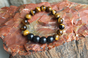 SHUNGITE BRACELET WITH NATURAL TIGER EYE 10MM BEADS, ELASTICIZED, FOR EMF PROTECTION