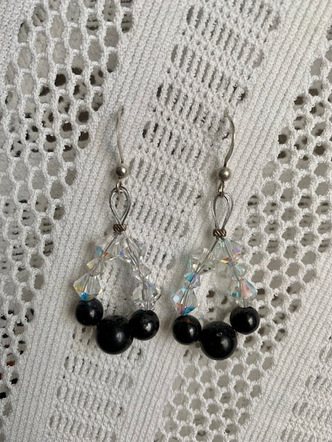 STERLING SILVER LOOP EARRINGS WITH 4MM CRYSTAL BEADS AND 8 & 10 MM SHUNGITE BEAD