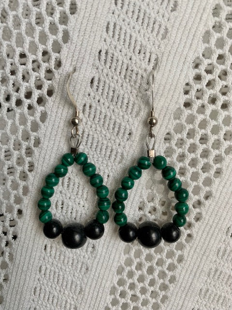 STERLING SILVER LOOP EARRINGS WITH 4MM MALACHITE BEADS AND 8&10 MM SHUNGITE BEAD