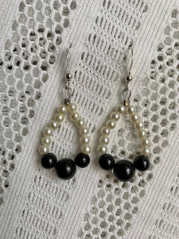 STERLING SILVER LOOP EARRINGS WITH 4MM PEARL BEADS, 8 & 10 MM SHUNGITE BEAD