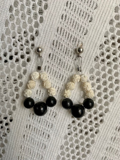 STERLING SILVER LOOP EARRINGS WITH HAND CARVED IVORY BEADS AND 8 & 10 MM SHUNGITE BEAD