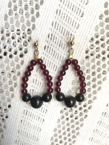 GOLD FILLED LOOP EARRINGS WITH 4MM NATURAL GARNET BEADS AND 8 & 10 MM SHUNGITE BEAD