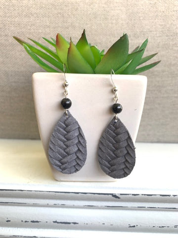 REAL LEATHER & STERLING SILVER EARRINGS WITH 6MM SHUNGITE BEAD