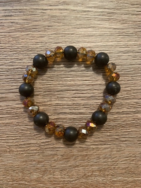 SHUNGITE BRACELET WITH AMBER CRYSTAL 6MM BEADS, ELASTICIZED, FOR EMF PROTECTION