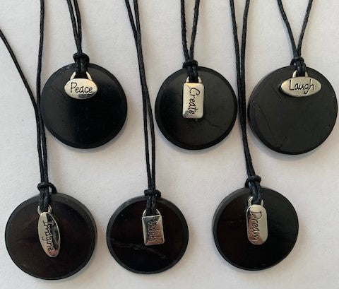 30 MM SHUNGITE CIRCLE DISK PENDANTS WITH "MESSAGE" CHARMS