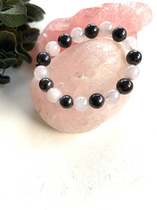 SHUNGITE BRACELET WITH ROSE QUARTZ 6MM BEADS, ELASTICIZED, FOR EMF PROTECTION