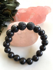 SHUNGITE BRACELET WITH 10MM  BEADS & LAVA BEADS, ELASTICIZED, FOR EMF PROTECTION & ESSENTIAL OILS