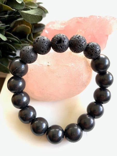 SHUNGITE BRACELET WITH 10MM  BEADS & LAVA BEADS, ELASTICIZED, FOR EMF PROTECTION & ESSENTIAL OILS