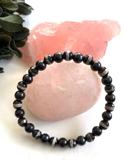 SHUNGITE BRACELET WITH 6MM  SHUNGITE BEADS & BANDED GLASS BEADS