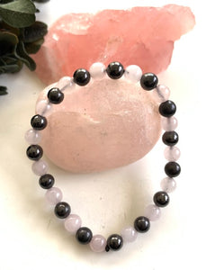 SHUNGITE BRACELET WITH ROSE QUARTZ 6MM BEADS, ELASTICIZED, FOR EMF PROTECTION