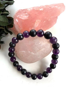 SHUNGITE BRACELET WITH NATURAL AMETHYST 8MM BEADS, ELASTICIZED, FOR EMF PROTECTION