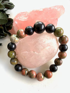 SHUNGITE BRACELET WITH 10MM  BEADS & UNAKITE, ELASTICIZED, FOR EMF PROTECTION