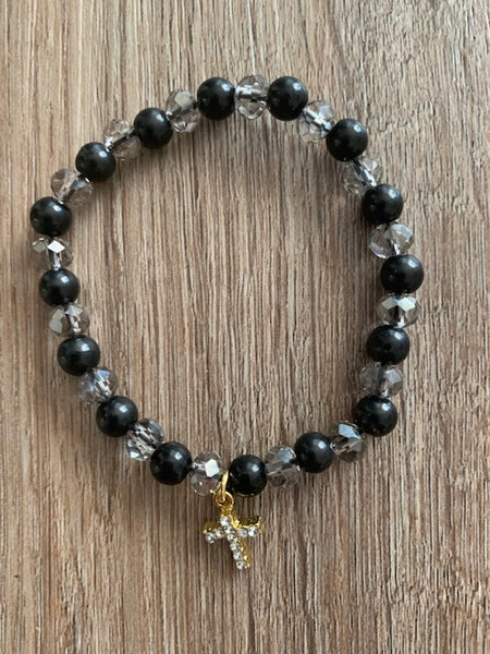 BRACELET WITH 6MM  SHUNGITE BEADS & CRYSTAL BEADS WITH CROSS DANGLE