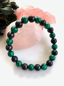 SHUNGITE BRACELET WITH SYNTHETIC MALACHITE & ELASTICIZED, FOR EMF PROTECTION