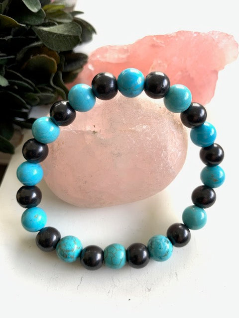 SHUNGITE BRACELET WITH BLUE MAGNATITE & ELASTICIZED, FOR EMF PROTECTION