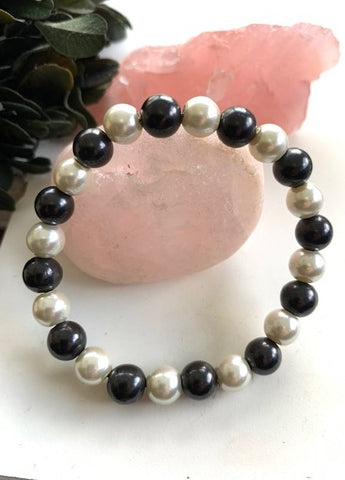 SHUNGITE BRACELET WITH GLASS PEARLS & ELASTICIZED, FOR EMF PROTECTION