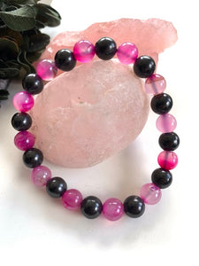 SHUNGITE BRACELET WITH DYED PINK AGATE & ELASTICIZED, FOR EMF PROTECTION