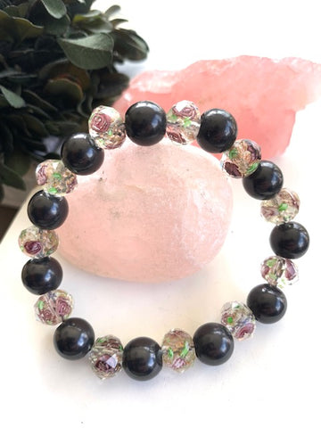 SHUNGITE BRACELET WITH CZECH CRYSTAL BEADS & ELASTICIZED, FOR EMF PROTECTION