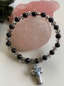 SHUNGITE BRACELET WITH SMOKEY GLASS CRYSTAL BEADS W/ CROSS DANGLE & ELASTICIZED, FOR EMF PROTECTION