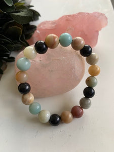 SHUNGITE BRACELET WITH NATURAL AMAZONITE BEADS & ELASTICIZED, FOR EMF PROTECTION