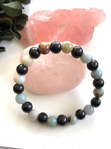 SHUNGITE BRACELET WITH NATURAL AMAZONITE BEADS & ELASTICIZED, FOR EMF PROTECTION