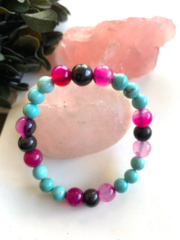 SHUNGITE BRACELET WITH TURQUOISE, PINK AGATE BEADS & ELASTICIZED, FOR EMF PROTECTION