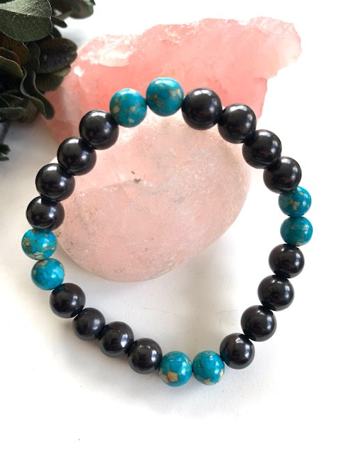 SHUNGITE BRACELET WITH TURQUOISE BLUE BEADS & ELASTICIZED, FOR EMF PROTECTION