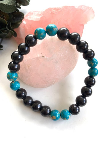 SHUNGITE BRACELET WITH TURQUOISE BLUE BEADS & ELASTICIZED, FOR EMF PROTECTION