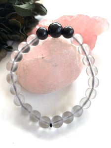 SHUNGITE BRACELET WITH FROSTED CRYSTAL BEADS & ELASTICIZED, FOR EMF PROTECTION