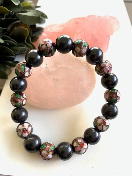 SHUNGITE BRACELET WITH ENAMELED BEADS & ELASTICIZED, FOR EMF PROTECTION