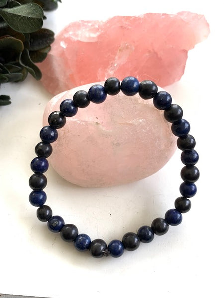 SHUNGITE BRACELET WITH NATURAL LAPIS LAZULI BEADS & ELASTICIZED, FOR EMF PROTECTION