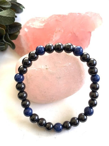 SHUNGITE BRACELET WITH NATURAL LAPIS LAZULI BEADS & ELASTICIZED, FOR EMF PROTECTION