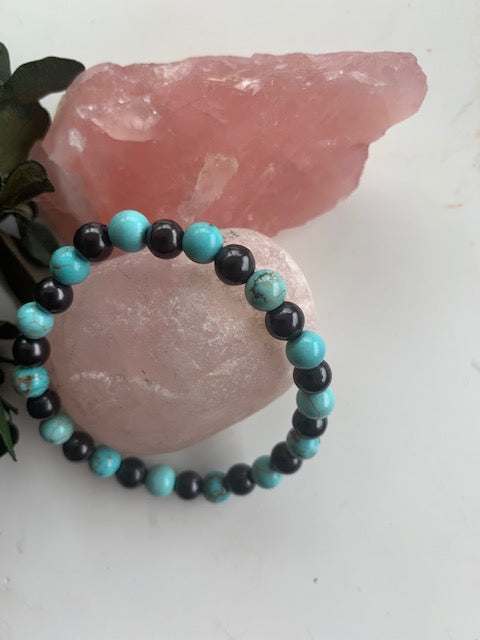 SHUNGITE BRACELET WITH NATURAL TURQUOISE BEADS & ELASTICIZED, FOR EMF PROTECTION