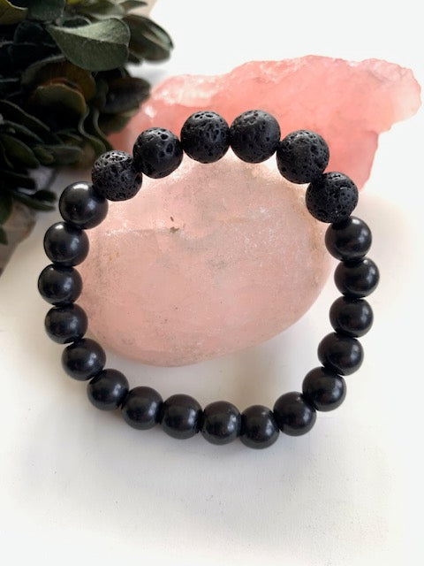 SHUNGITE BRACELET WITH LAVA BEADS & ELASTICIZED, FOR EMF PROTECTION