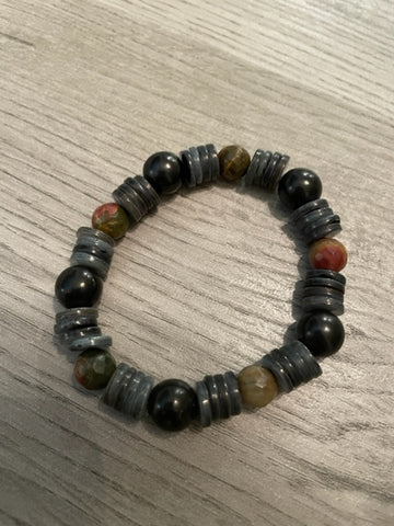 SHUNGITE BRACELET WITH MULTI COLORED BEADS & ELASTICIZED, FOR EMF PROTECTION