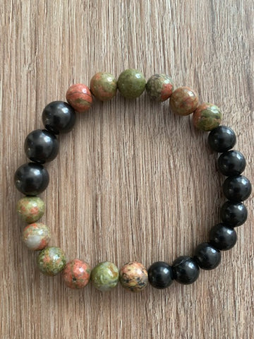 SHUNGITE BRACELET WITH 10MM  & 8MM BEADS & UNAKITE, ELASTICIZED, FOR EMF PROTECTION