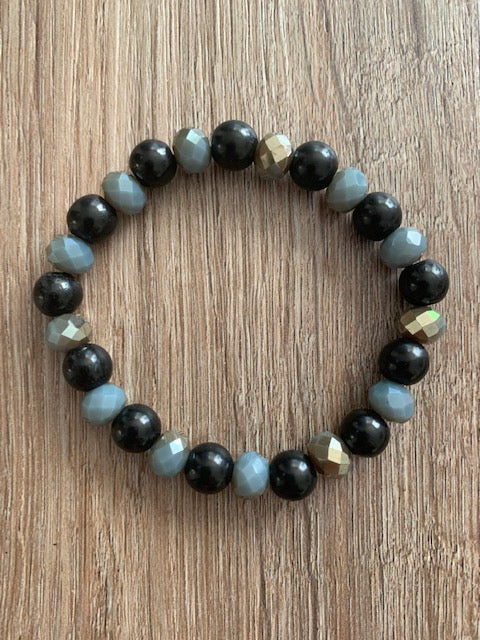 SHUNGITE BRACELET WITH CZECH CRYSTAL & ELASTICIZED, FOR EMF PROTECTION