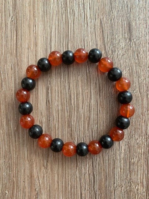 SHUNGITE BRACELET WITH RED AGATE & ELASTICIZED, FOR EMF PROTECTION