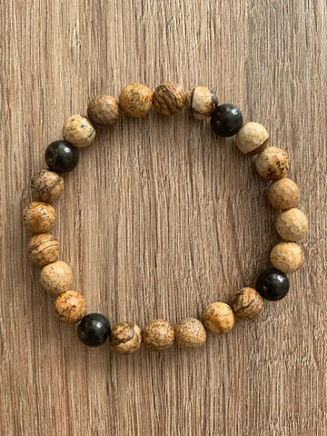 SHUNGITE BRACELET WITH TAN JASPER BEADS & ELASTICIZED, FOR EMF PROTECTION