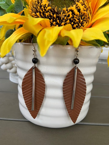 REAL LEATHER STERLING SILVER EARRINGS WITH 6MM SHUNGITE BEAD & S.S. BANGLE